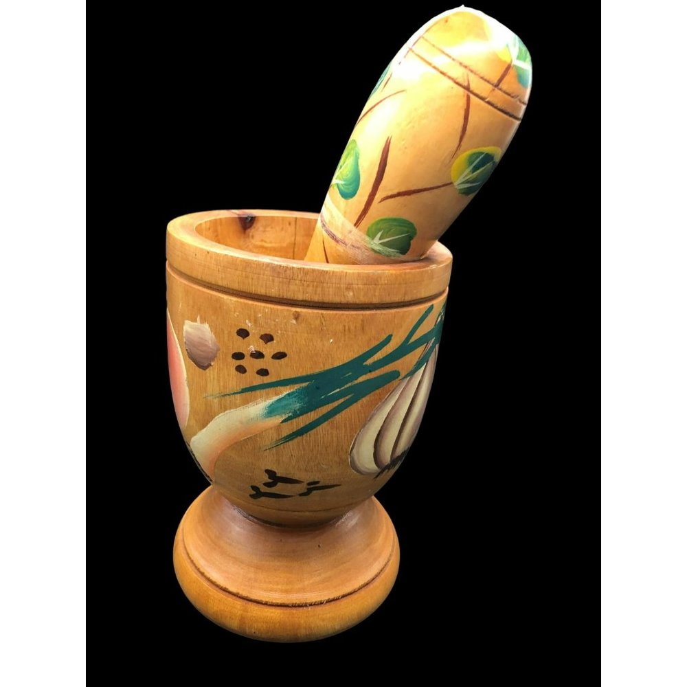 VTG 50s Mid Century Mortar & Pestle Folk Art Hand Painted Wood Veggies & Vines